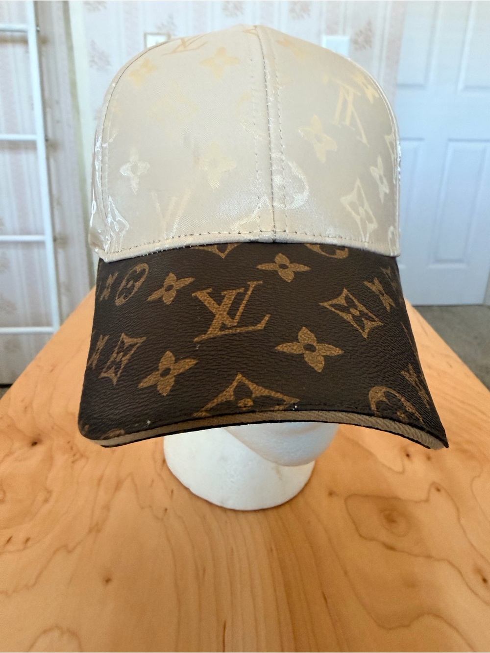 Designer Inspired Two-Tone Monogram Cap - Cream & Brown Unisex OS Adjustable - Picture 3 of 10